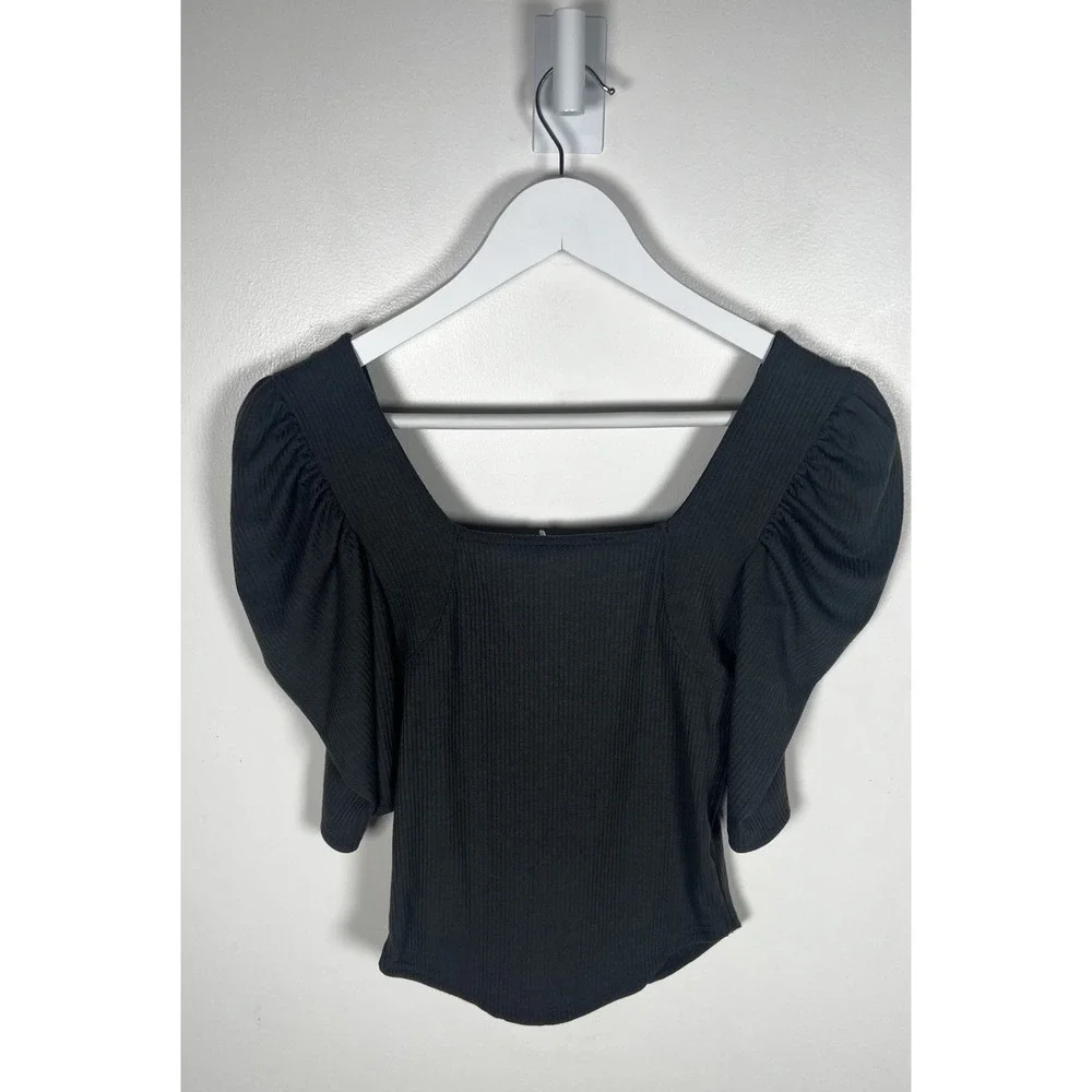 Free People Size Small Black Knitted Night Lily Rib Puff‎ Sleeve Blouse Top NEW